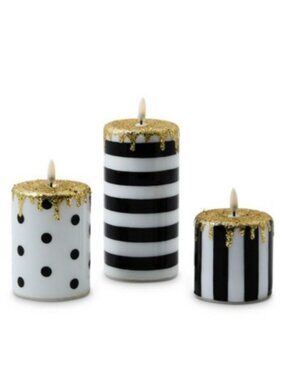 MacKenzie-Childs Set of 3 Illuminated Stripe and Dot Candles - NEW